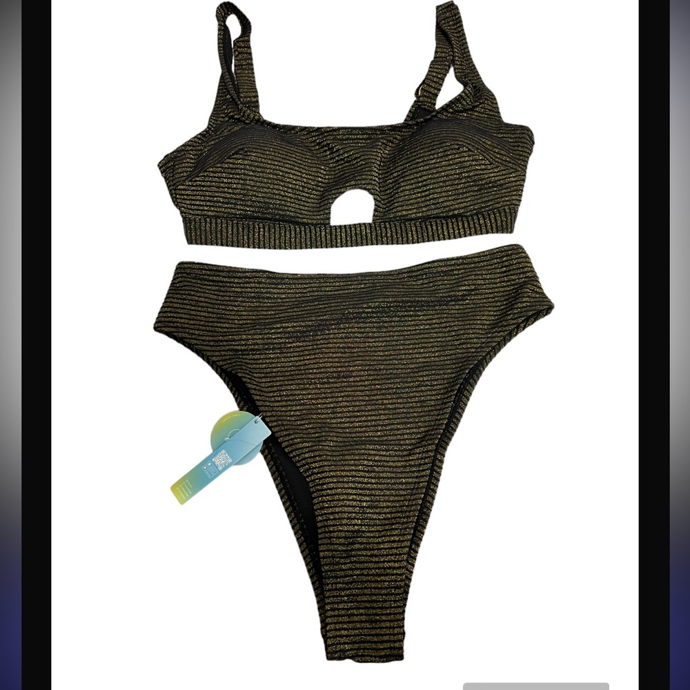 NWT Cupshe X Tabria Majors Black And Khaki Glitter Striped Size 14W 0X